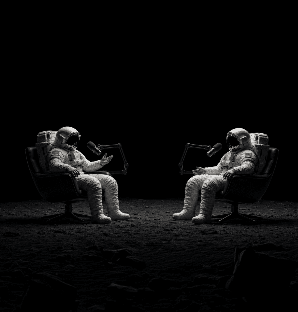 Two astronauts recording a podcast in armchairs
